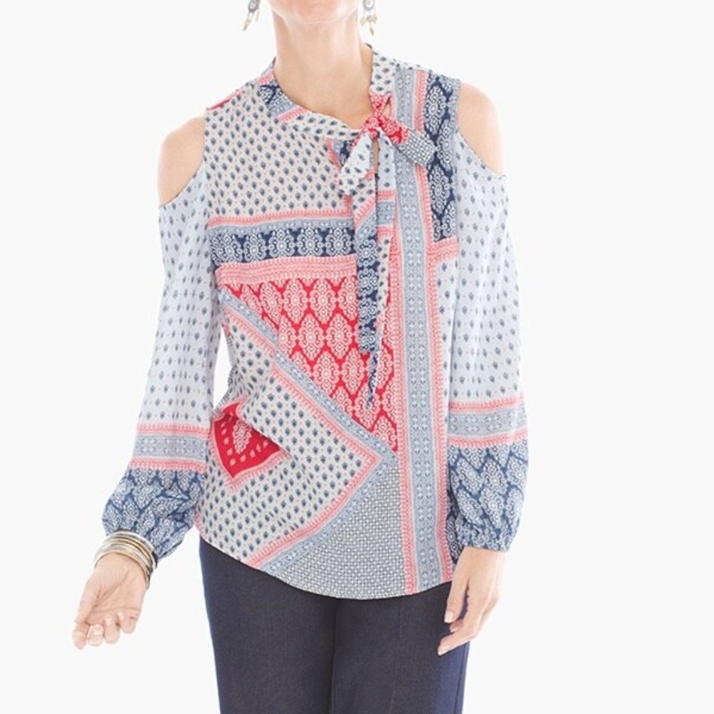 Chico's Boho Bohemian Elements Cold Shoulder Tie Neck Patchwork Top Size 2